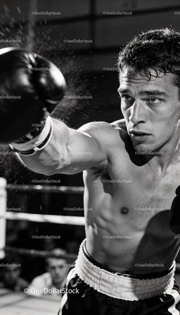 Focused boxer delivering powerful punch in ring