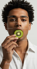 Portrait of a Young Woman with Kiwi Fruit and Natural Expression