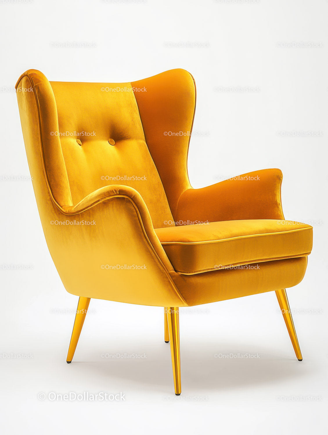 Żółty aksamitny fotel o nowoczesnym, retro designie do stylowych wnętrz