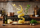Fresh pasta twirling with cheese and herbs in kitchen