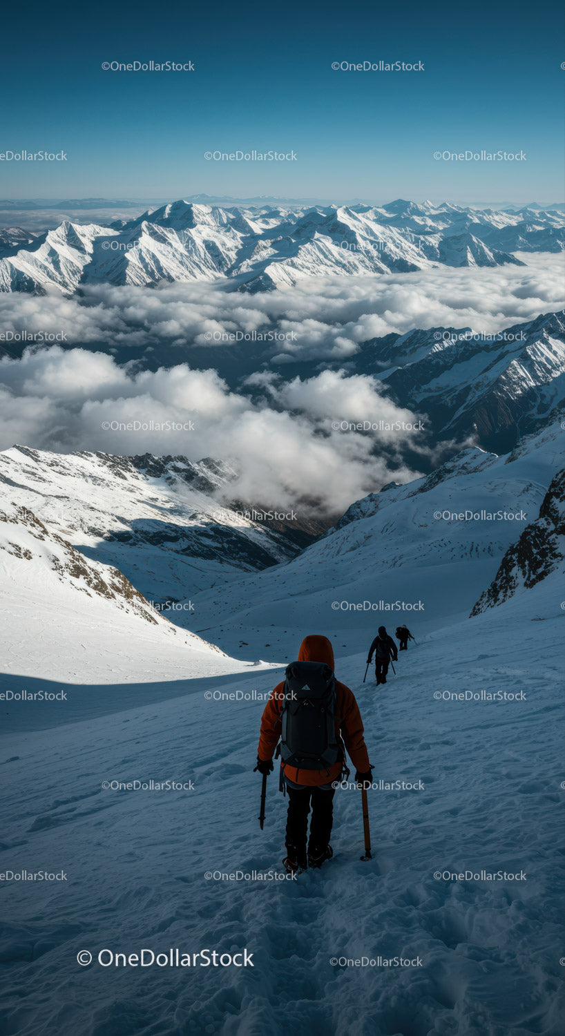 Spectacular Mountain Climbing Scene with Snowy Peaks and Hikers