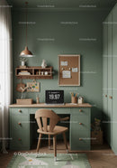 Stylish Modern Green Home Office with Wooden Desk and Cozy Decor