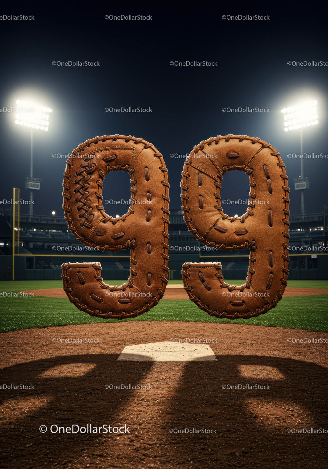 Baseball themed number ninety nine on field under lights