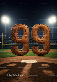 Baseball themed number ninety nine on field under lights