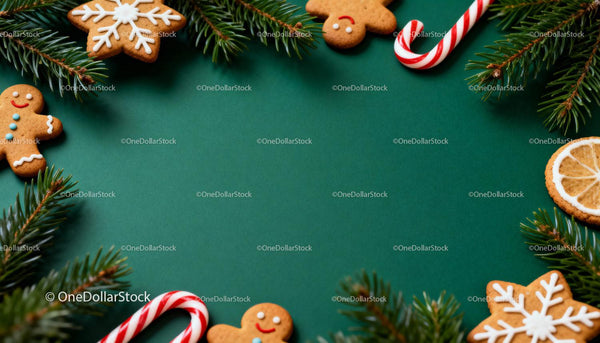 Festive Holiday Cookies and Evergreen Branches Frame