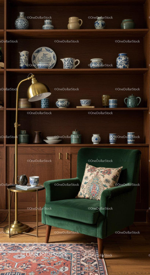 Cozy Reading Corner with Green Velvet Chair and Vintage Ceramics