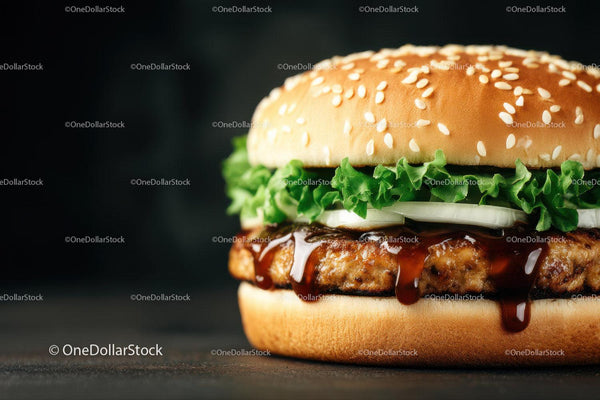 Soczysty Burger Wołowy z Sałatą, Cebulą i Bułką z Sezamem