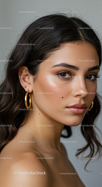 Elegant Portrait of a Young Woman with Brown Eyes and Gold Earrings
