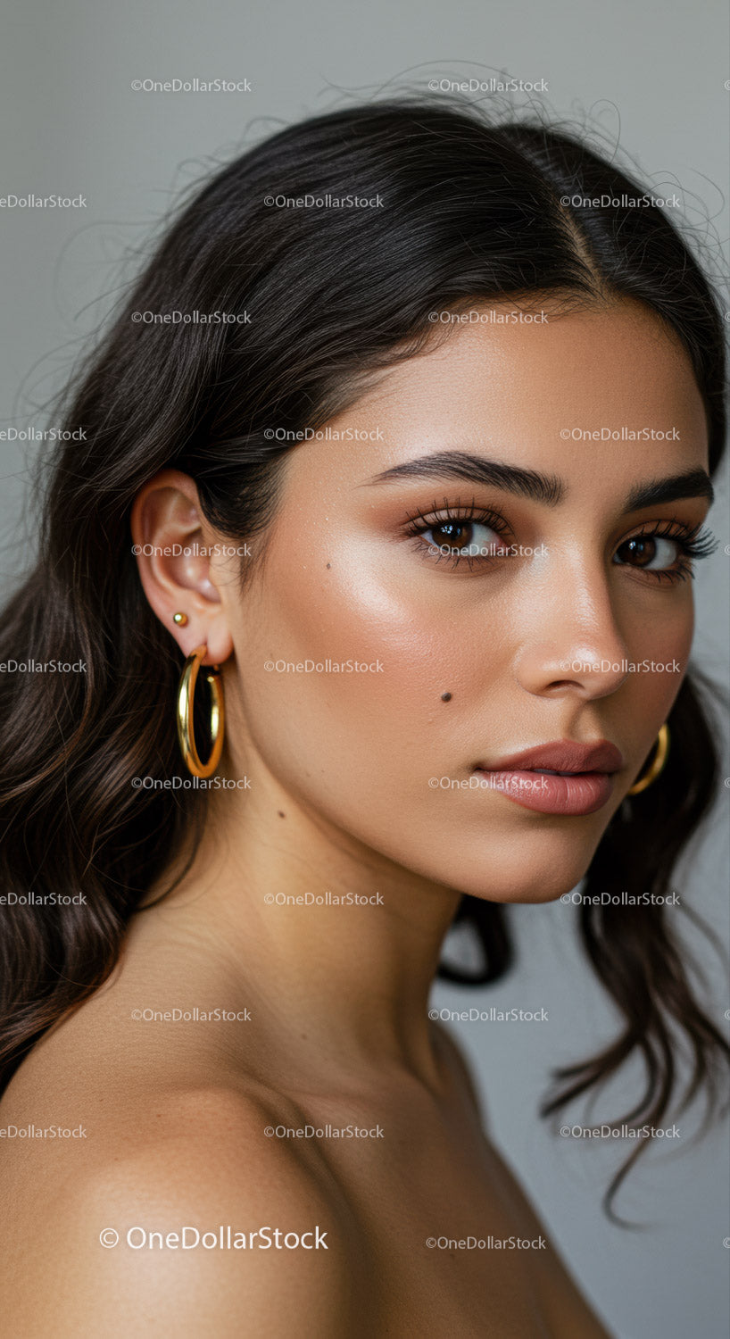 Elegancki portret młodej kobiety o brązowych oczach i złotych kolczykach
