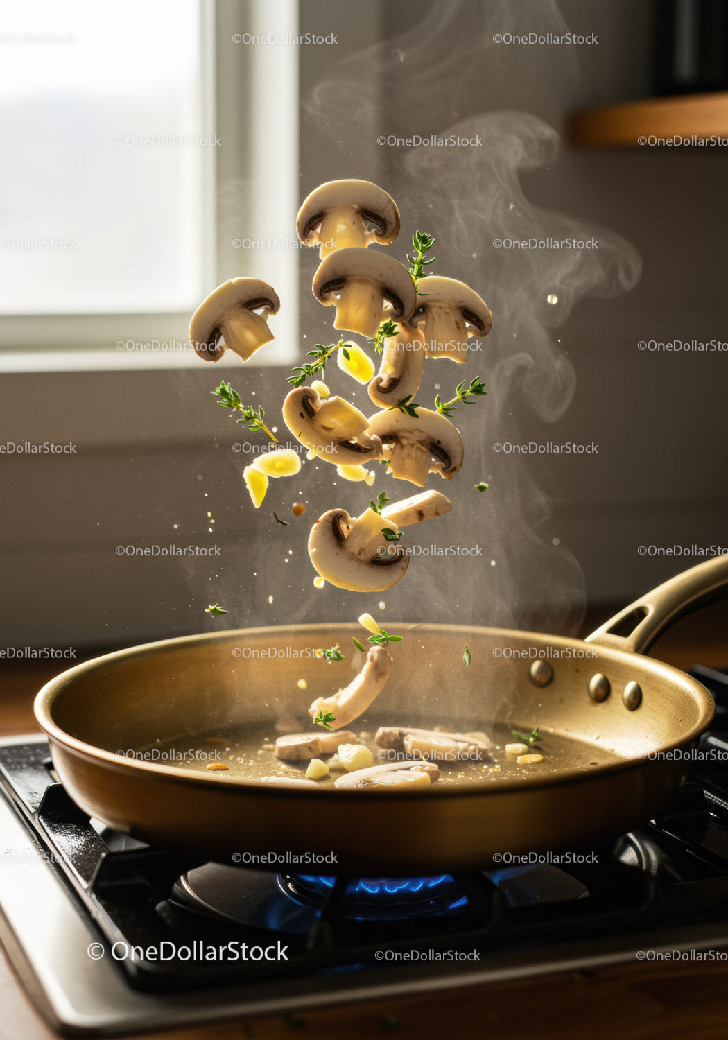Sautéing fresh mushrooms and herbs in a golden skillet