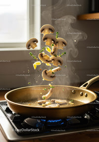 Sautéing fresh mushrooms and herbs in a golden skillet
