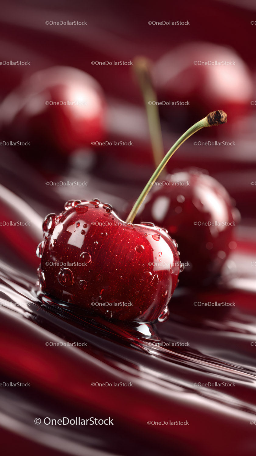 Close-up of Juicy Red Cherries with Water Droplets