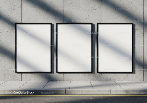 Three Blank Posters on Urban Concrete Wall with Shadows JPG Mockup Image