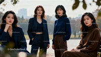 Stylish women posing confidently in autumn park