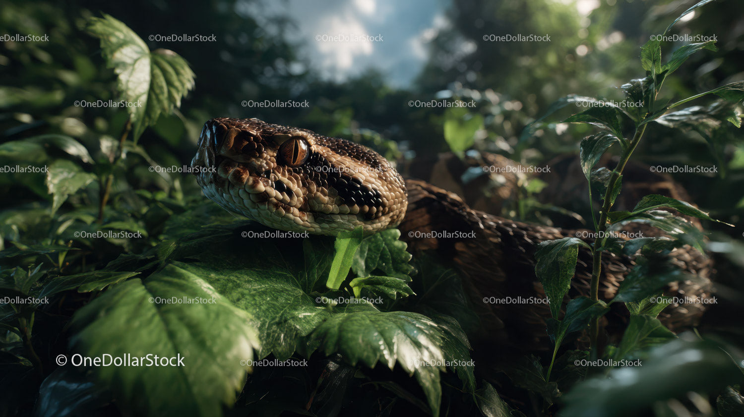 Close-up of a Brown Jungle Snake among Green Leaves in Natural Habitat