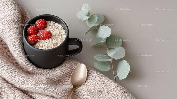 Oatmeal with Raspberries in Black Mug with Eucalyptus for Wellness