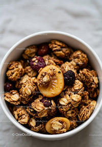 Close-up of granola clusters with dried fruits in bowl
