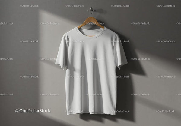 Minimalist White T-Shirt Hanging on Wooden Hanger JPG Mockup Image