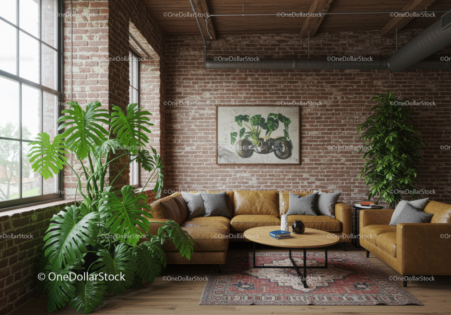 Stylish Urban Living Room with Leather Sofa and Large Green Monstera