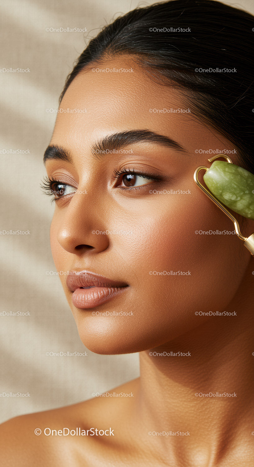 Close-up of Woman Using Jade Roller for Facial Massage and Skin Rejuvenation