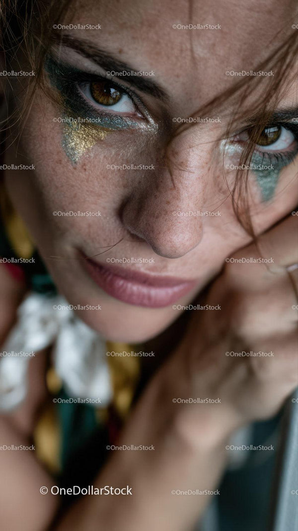 Expressive Woman with Glitter Makeup and Intense Gaze