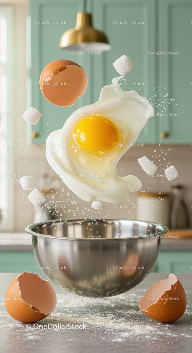 Fresh egg cracking with sugar cubes over mixing bowl