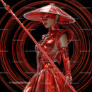 Futuristic Samurai in Neon Red Armor Holding Umbrella