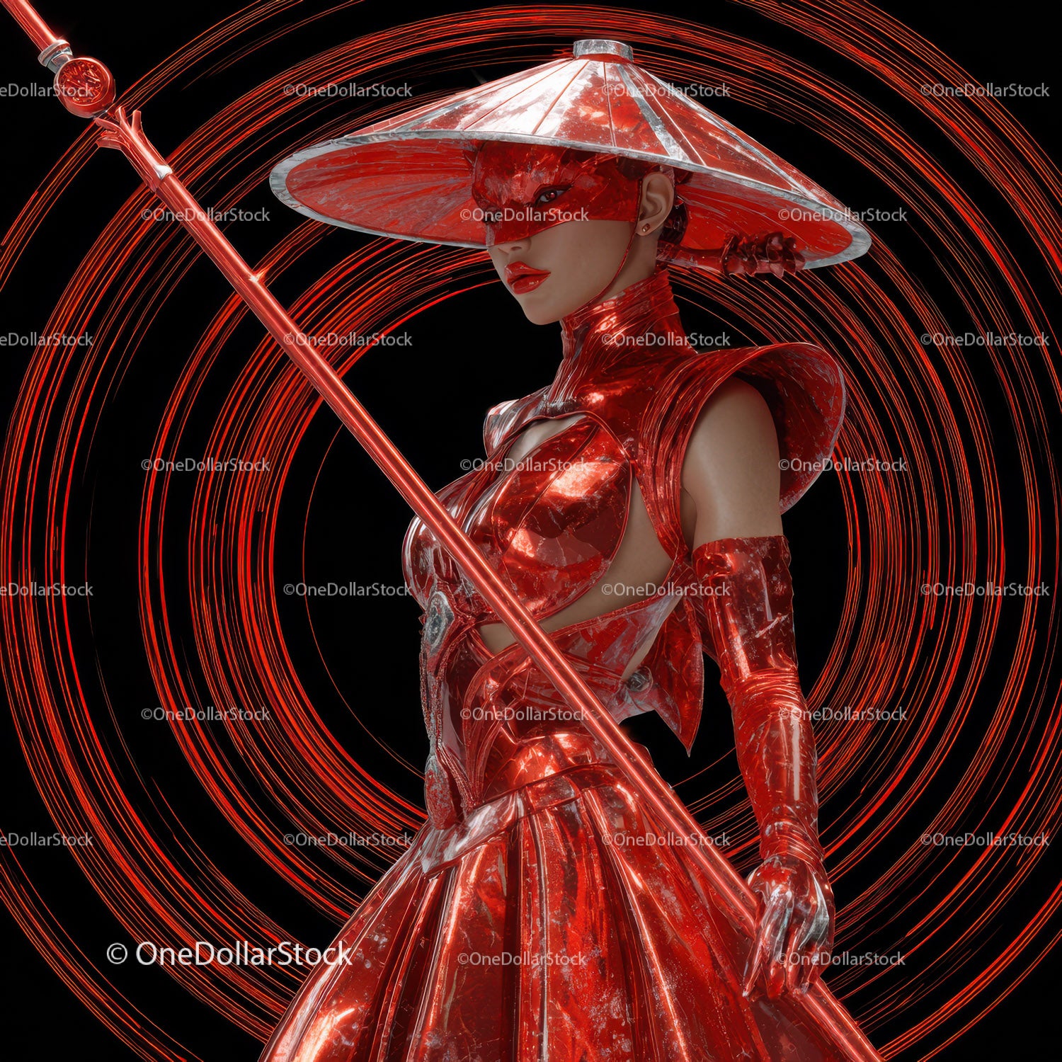 Futuristic Samurai in Neon Red Armor Holding Umbrella