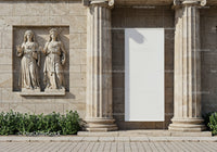 Classical stone sculptures and blank white banner outdoors