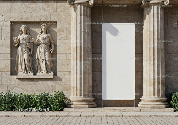 Classical stone sculptures and blank white banner outdoors JPG Mockup Image