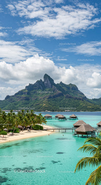 Tropical Paradise with Overwater Bungalows and Mountain Backdrop