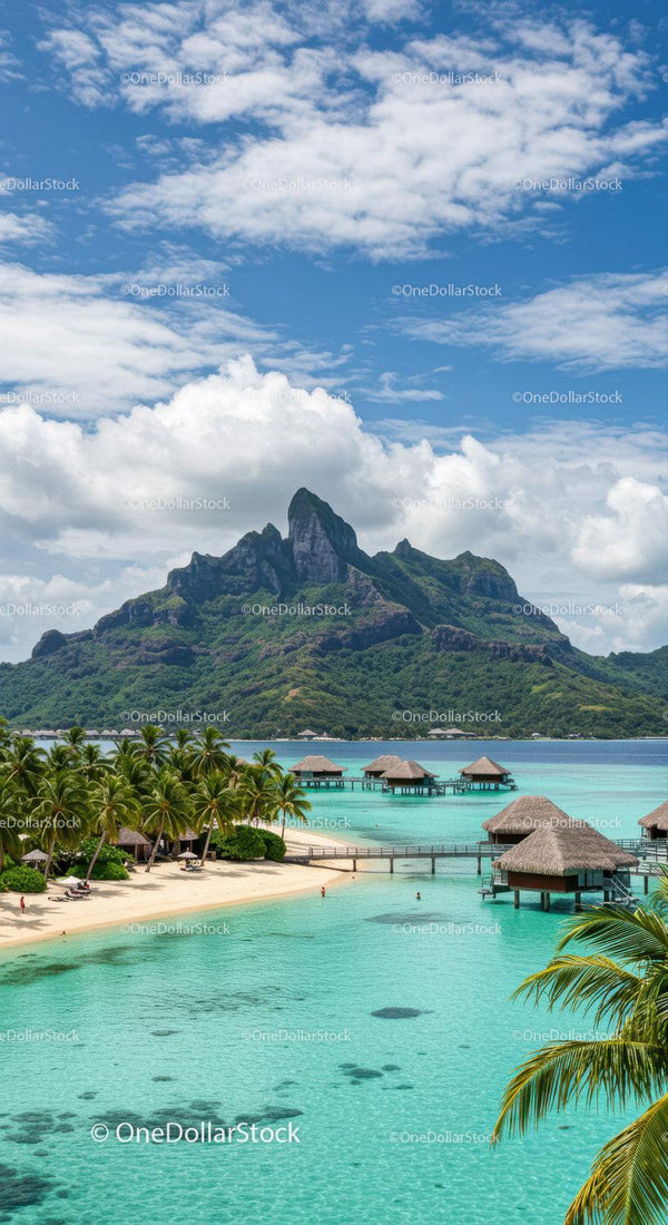 Tropical Paradise with Overwater Bungalows and Mountain Backdrop