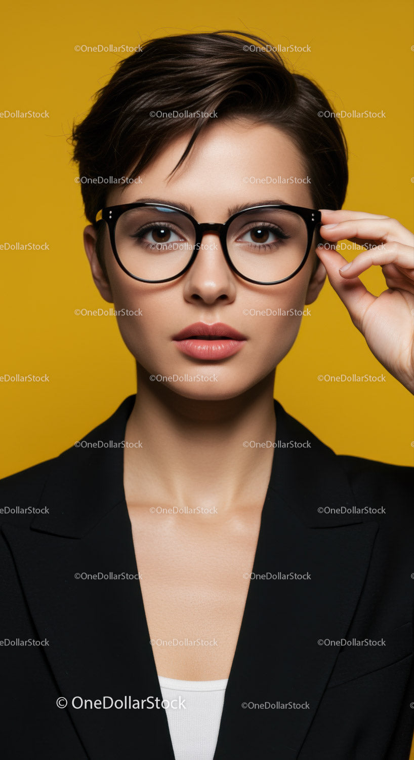 Elegant Young Woman Wearing Black Glasses in Studio Portrait
