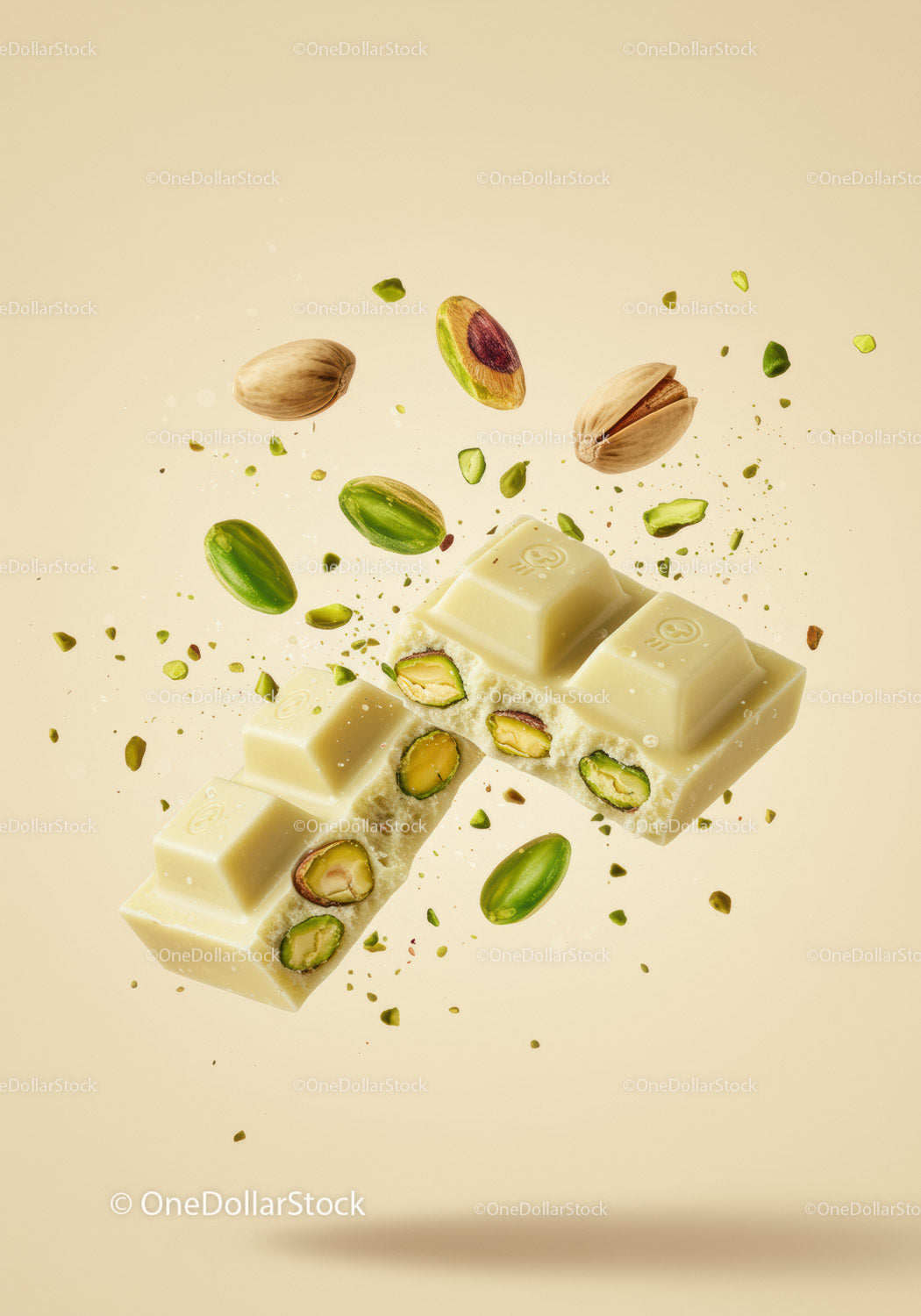 Close up of white chocolate with pistachio nuts falling