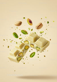 Close up of white chocolate with pistachio nuts falling