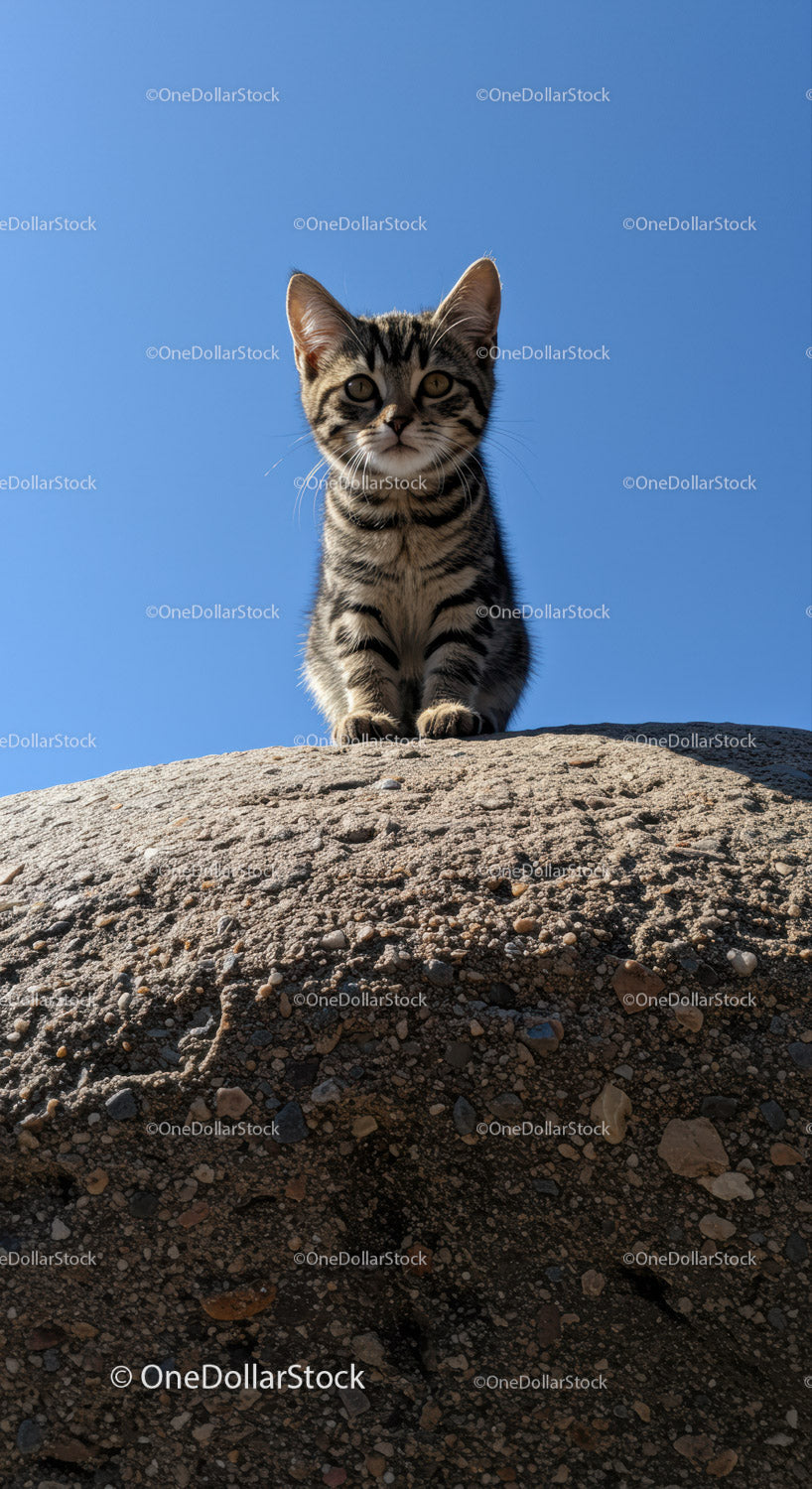 Curious tabby kitten perched on a rocky surface outdoors