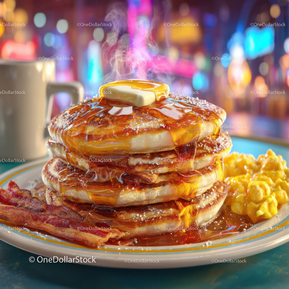 Stack of Fluffy Pancakes with Syrup and Bacon for Breakfast or Brunch