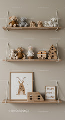 Wooden Nursery Shelf with Felt Teddy Bears and Wooden Blocks for Kids Room