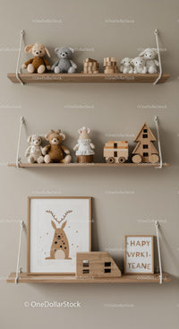 Wooden Nursery Shelf with Felt Teddy Bears and Wooden Blocks for Kids Room