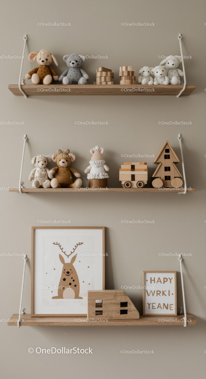 Wooden Nursery Shelf with Felt Teddy Bears and Wooden Blocks for Kids Room