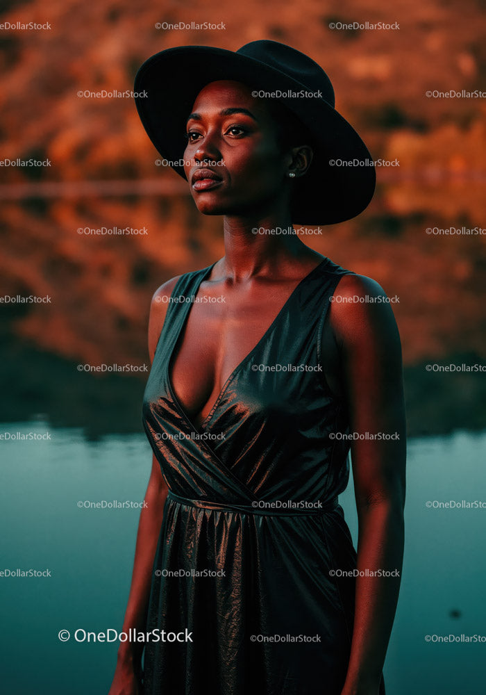 Stylish Woman Wearing Black Dress and Wide Brim Hat Near Lake