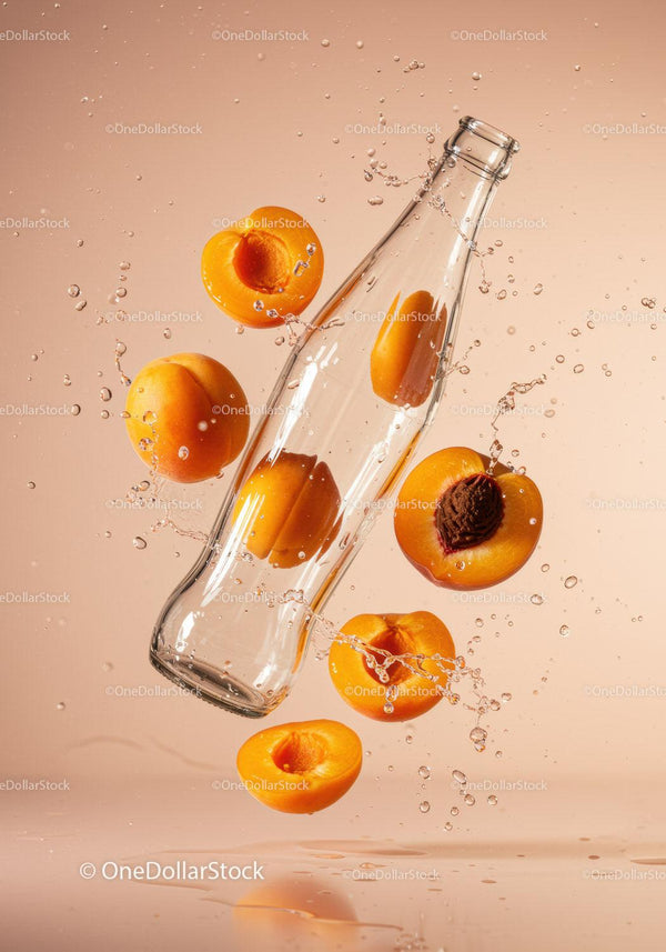 Fresh apricots splashing around a glass bottle
