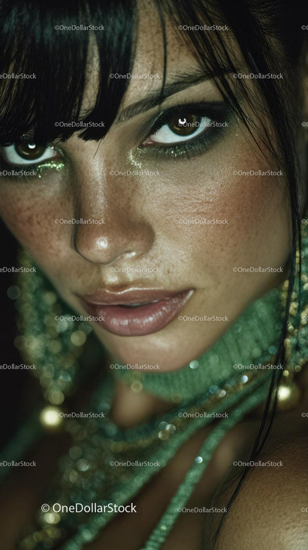 Intense Female Portrait with Glamorous Makeup and Sparkling Details