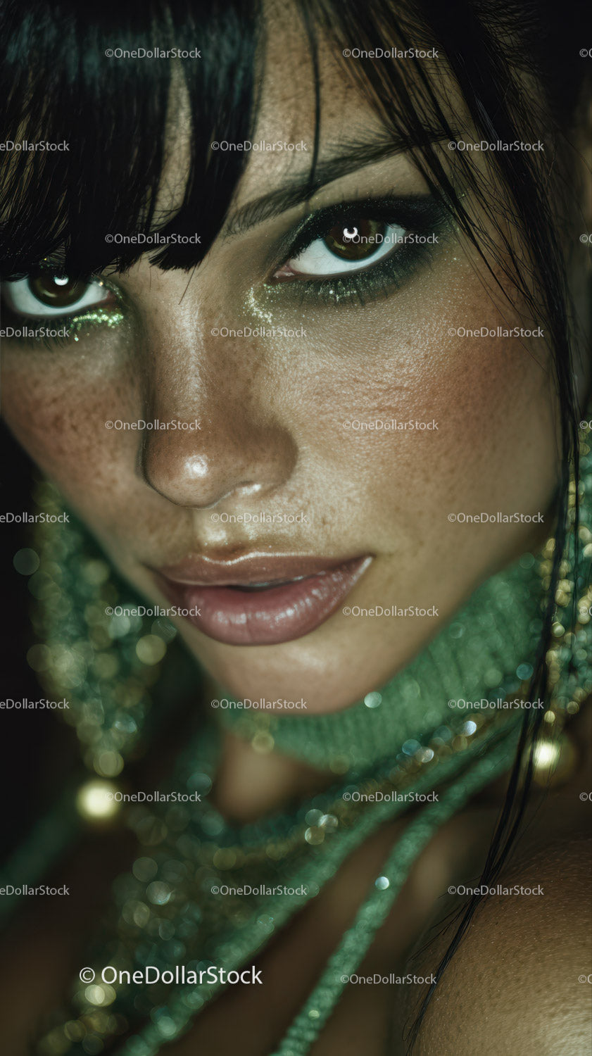 Intense Female Portrait with Glamorous Makeup and Sparkling Details