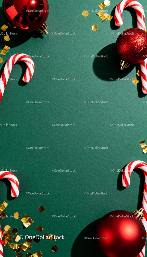 Christmas candy canes and red baubles on green background