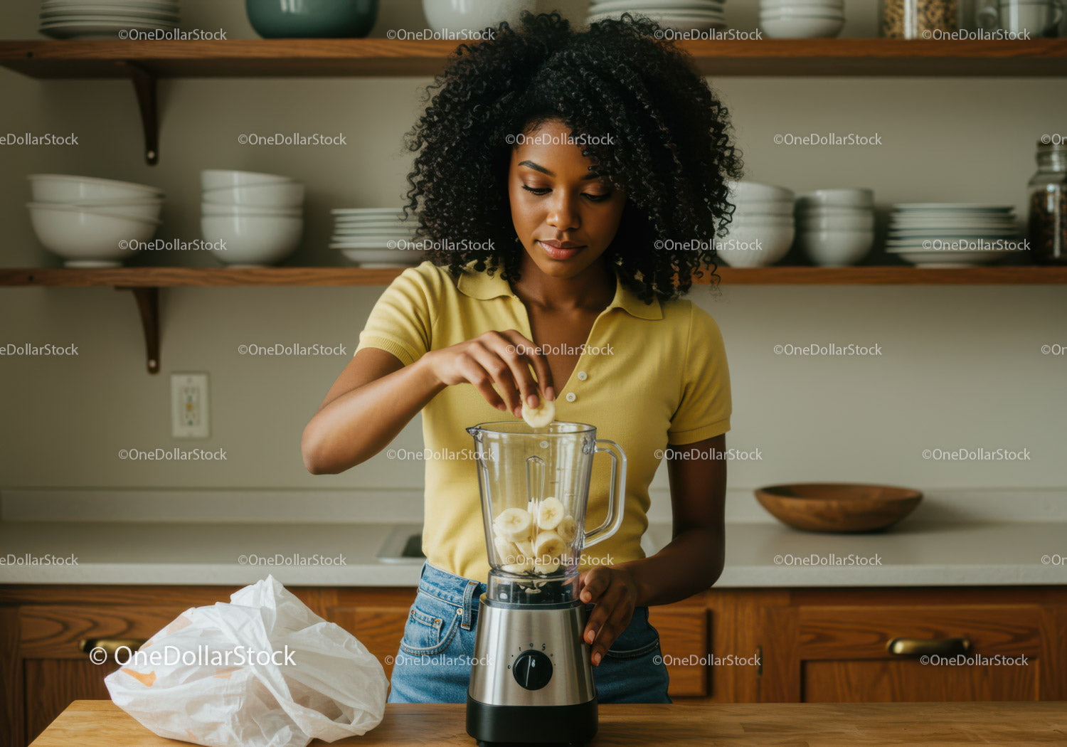Young Woman Blending Banana Smoothie in Modern Kitchen