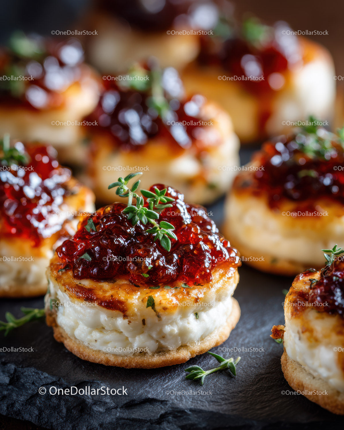 Cheese and Blueberry Jam Appetizer with Fresh Herbs on Slate