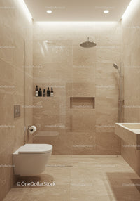 Modern Beige Tile Bathroom with Walk-in Shower and Rainfall Shower Head