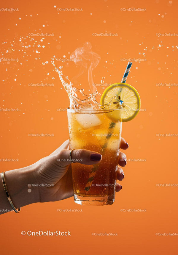 Hand Holding Iced Tea with Lemon Slice Splash