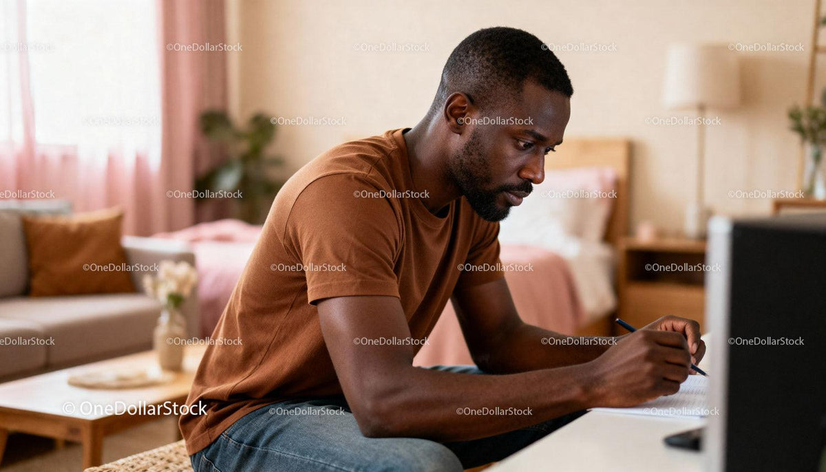 Focused man writing notes at home workspace